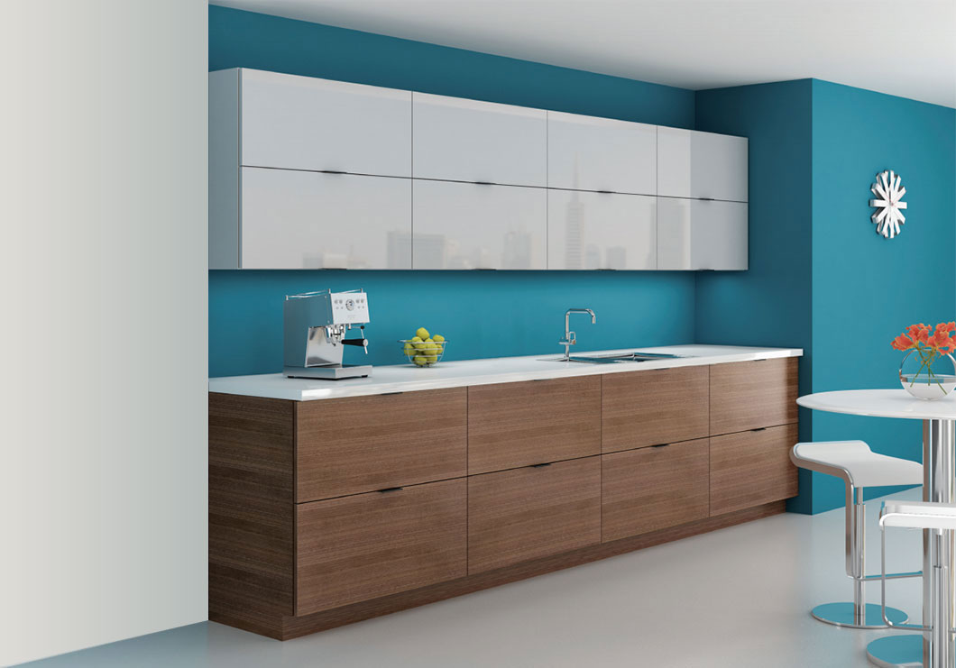 modern kitchen with bright blue walls and white and brown cabinets