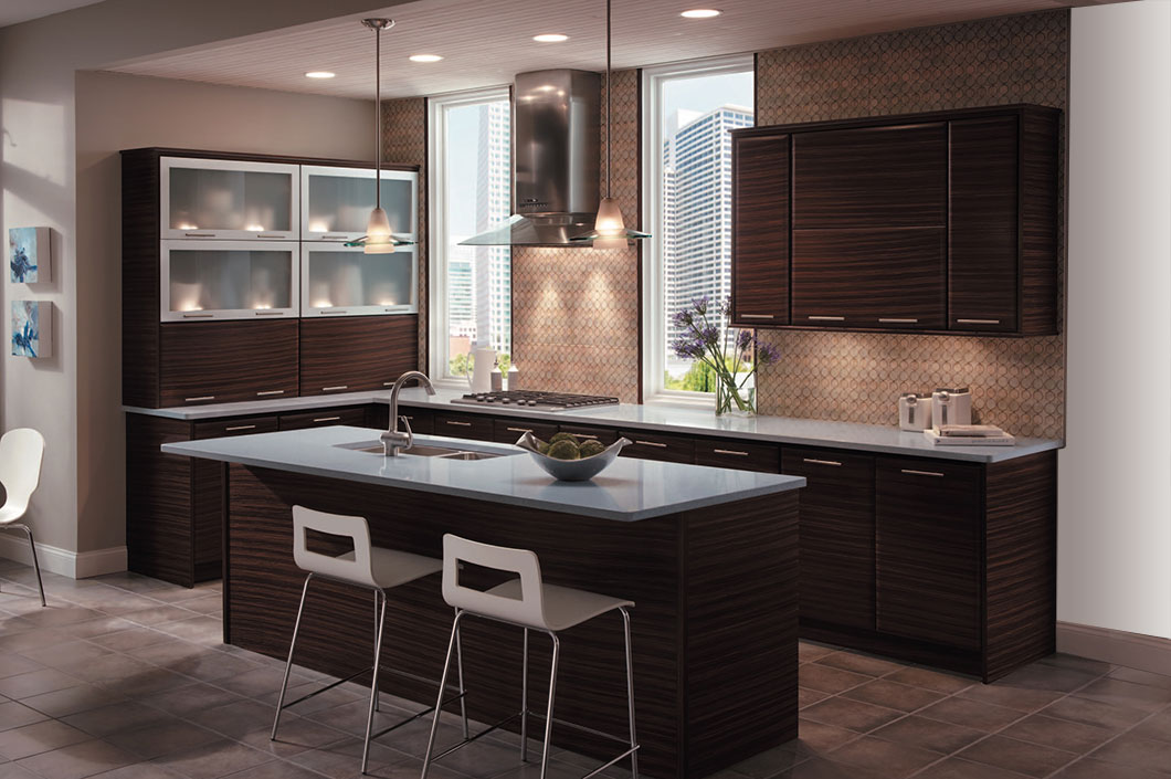 modern brown kitchen with white countertops and chairs